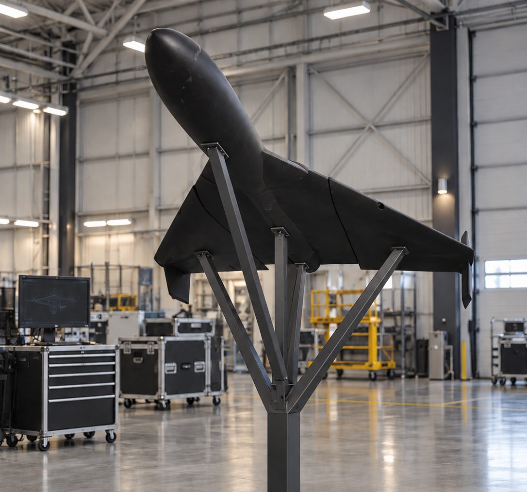 Estrutura de UAV impressa de 3,5 m, montada num suporte num hangar